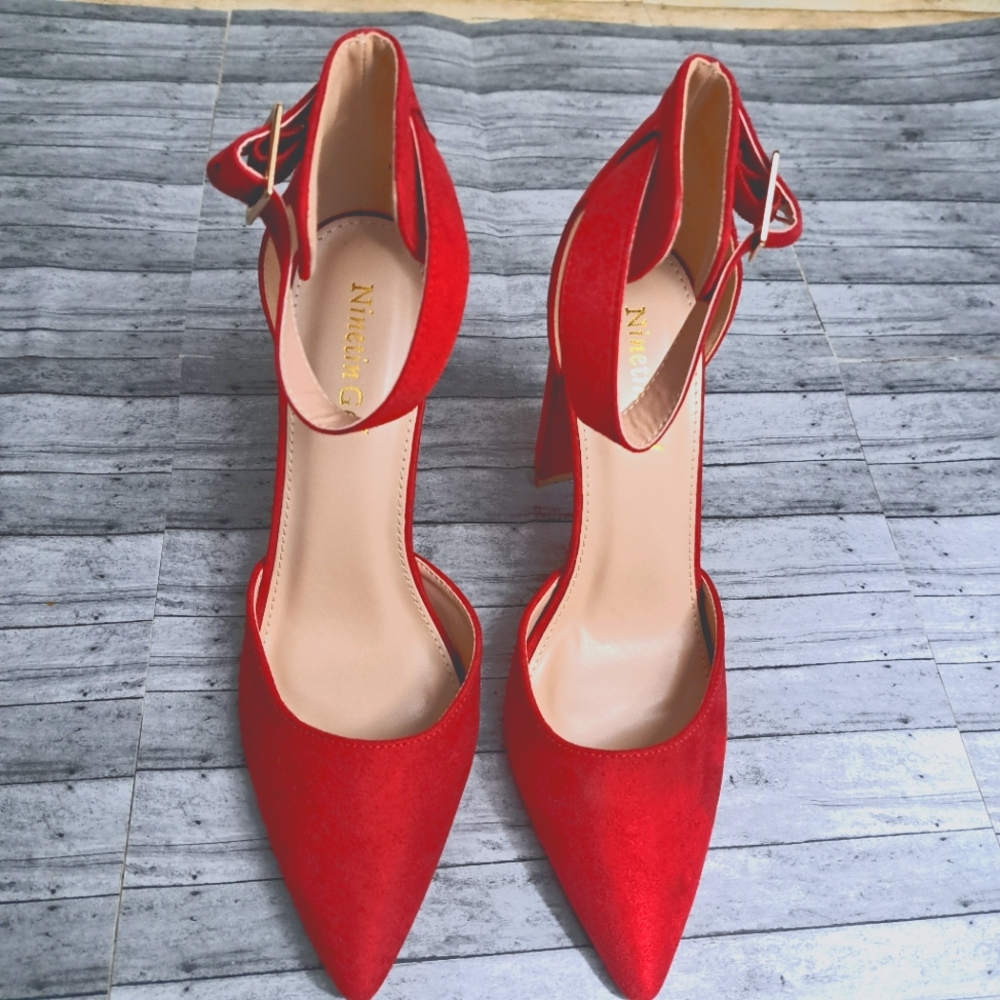 Ninetin Gel Women's Red Suade Chunky High Heels Ponited Toe Ankle Strap Size 8.5
